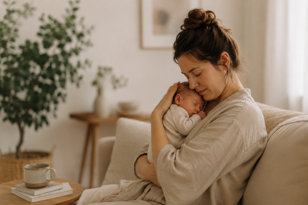 Mutter hält ihr Baby liebevoll und geborgen im Arm