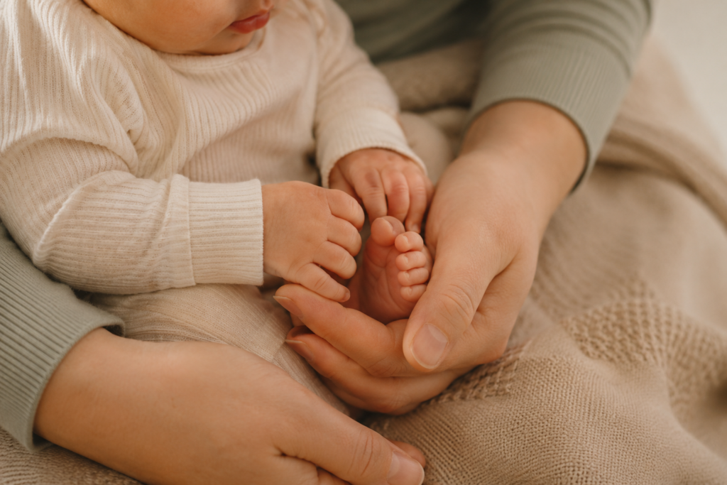 Babyhände und Babyfüße werden behutsam von einer erwachsenen Hand gehalten